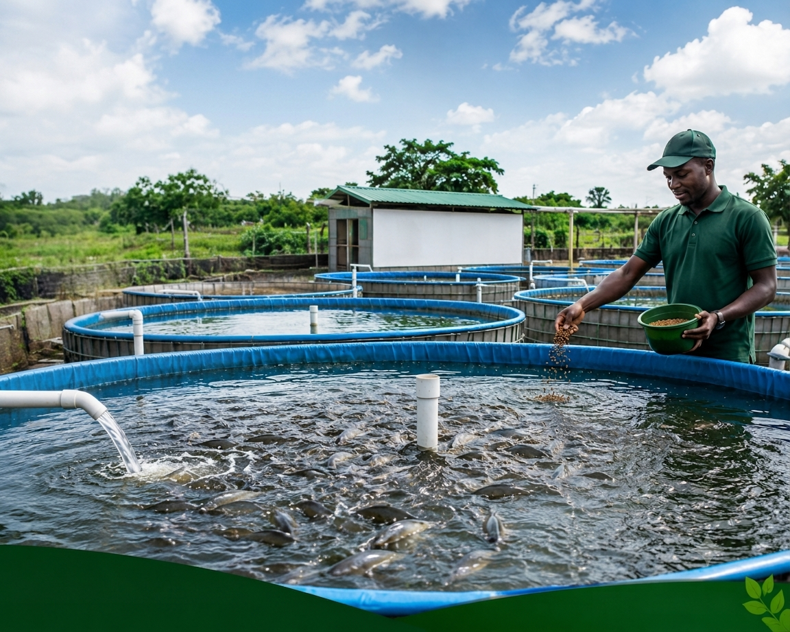 Oroic Agribusiness fish farm in Ghana — a worker feeding tilapia and catfish in a well-managed aquaculture pond system under a bright sky.